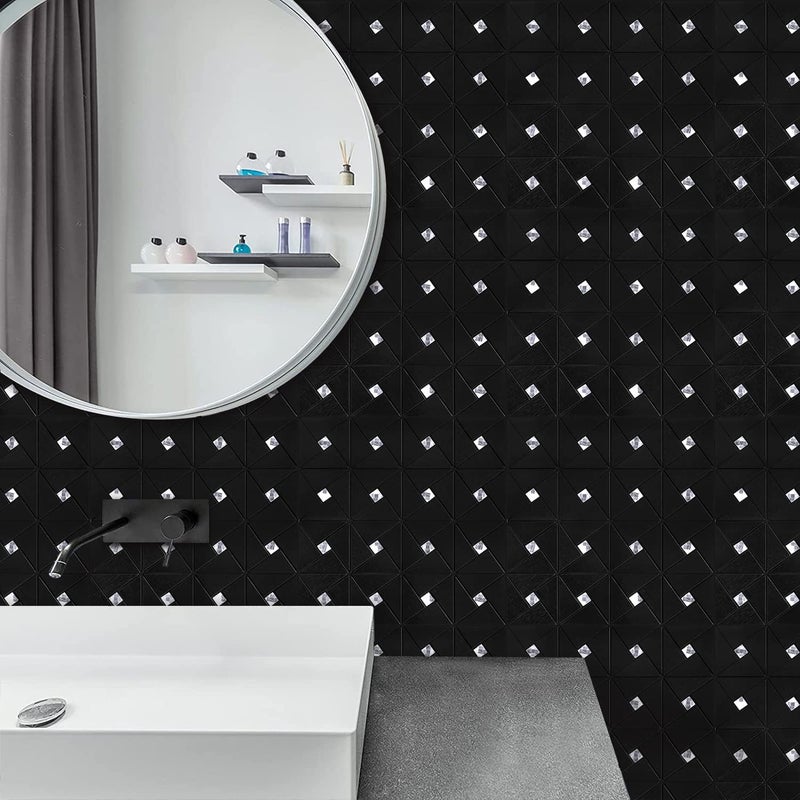 Vamos Tile بلاط خلفية لاصق وقابل للتقشير - بلاط معدني لاصق للخلفية للمطبخ والحمام بتصميم لغز طاحونة الهواء الأسود مختلط من بلاط الموزاييك اللاصق ذاتيًا (12"x12"x10 ورقة) - Image 4